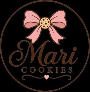 Marca da Mari Cookies: um laço com um biscoito ao centro, dentro de um círculo.